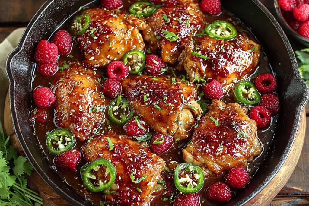 Sweet and Spicy Jalapeno Raspberry Chicken in a cast iron skillet with fresh raspberries and sliced jalapeños