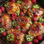 Sweet and Spicy Jalapeno Raspberry Chicken in a cast iron skillet with fresh raspberries and sliced jalapeños