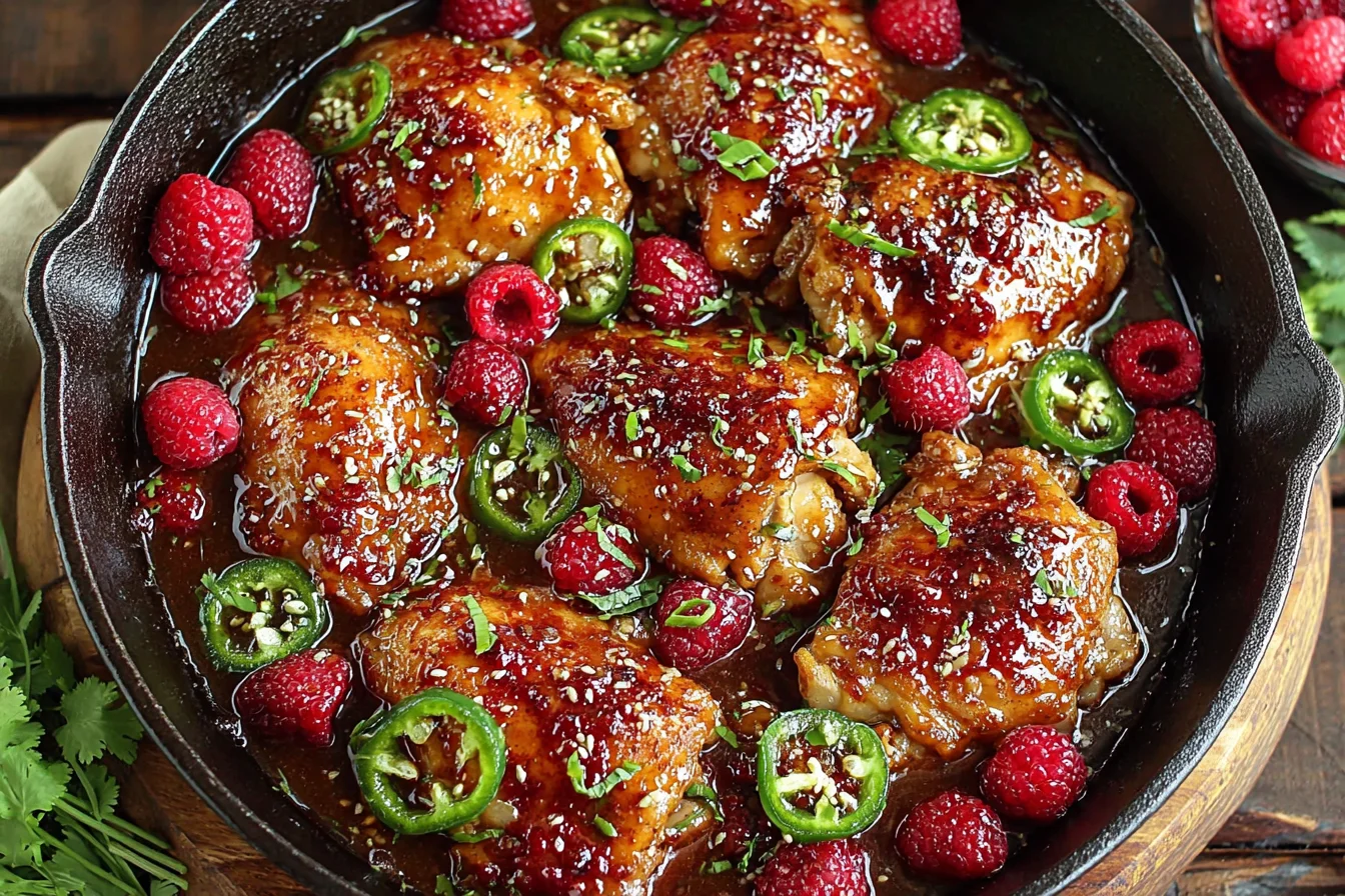 Sweet and Spicy Jalapeno Raspberry Chicken in a cast iron skillet with fresh raspberries and sliced jalapeños