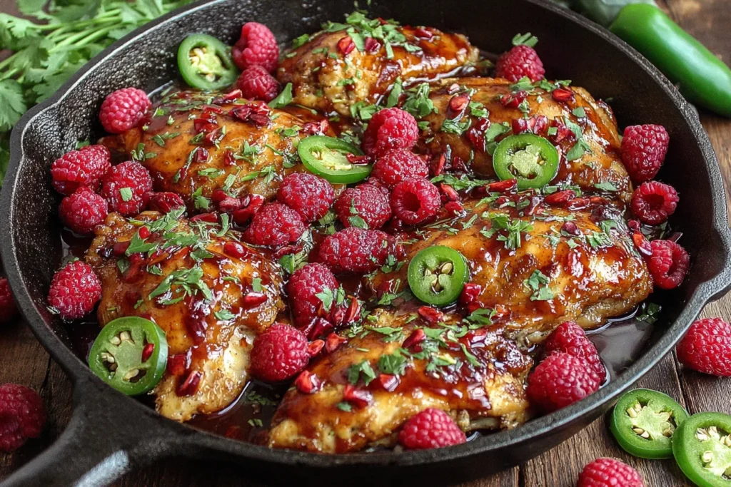 Sweet and Spicy Jalapeno Raspberry Chicken topped with fresh raspberries, jalapeños, and herbs in a skillet
