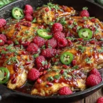 Sweet and Spicy Jalapeno Raspberry Chicken topped with fresh raspberries, jalapeños, and herbs in a skillet