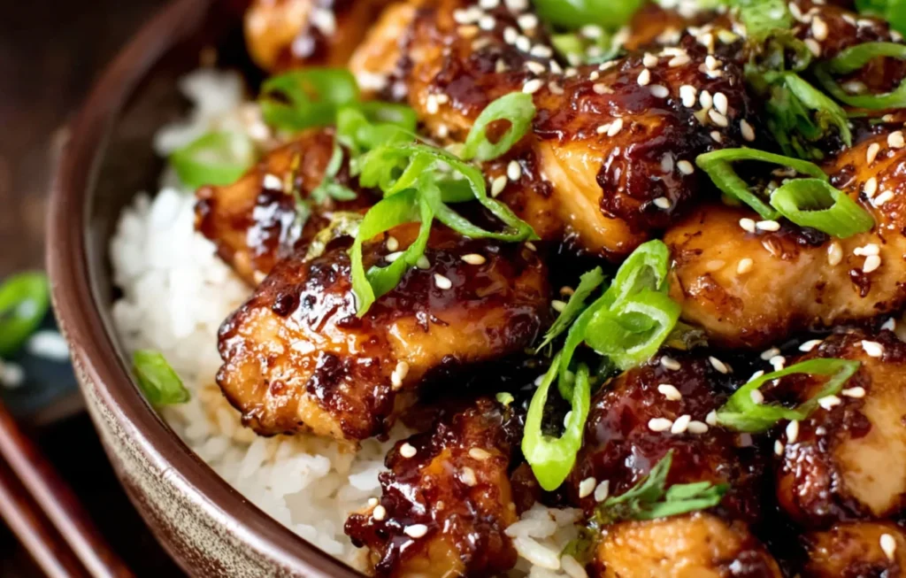 Teriyaki Chicken Recipe with glazed chicken, rice, sesame seeds, and scallions