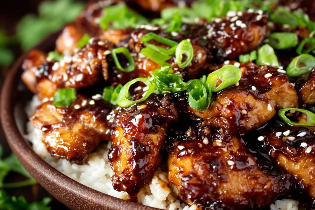 Teriyaki Chicken Recipe served over rice with sesame seeds and green onions