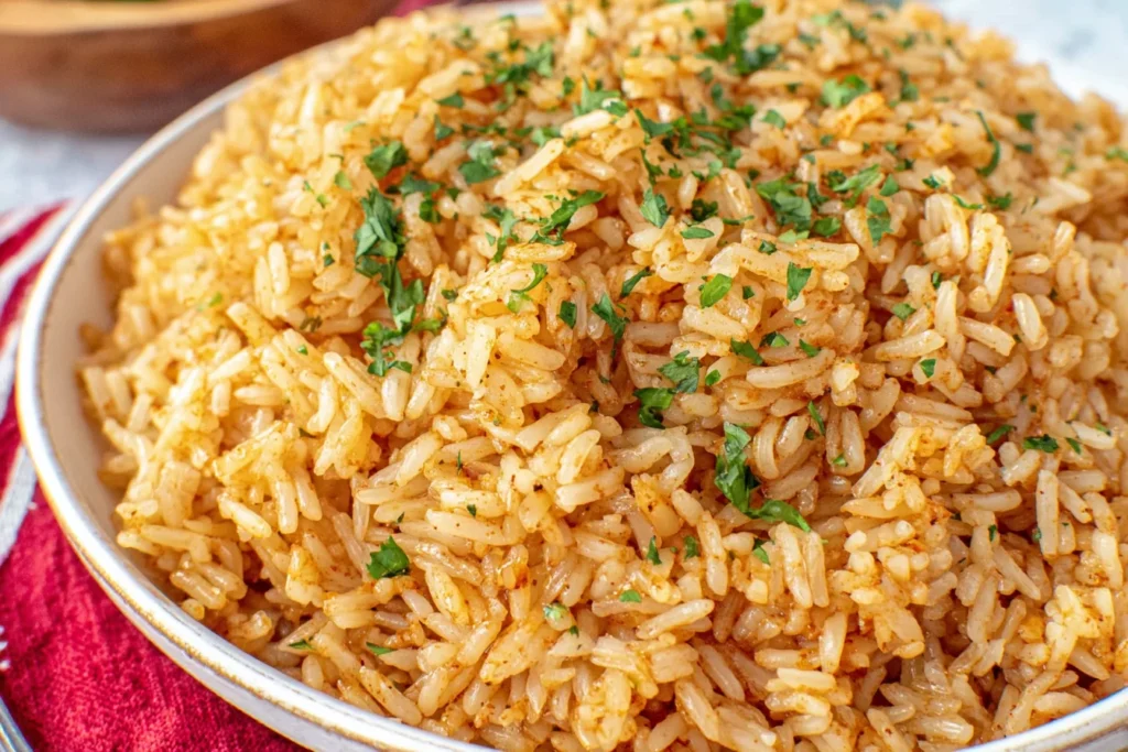 Close-up of Texas Roadhouse Seasoned Rice with herbs and savory spices
