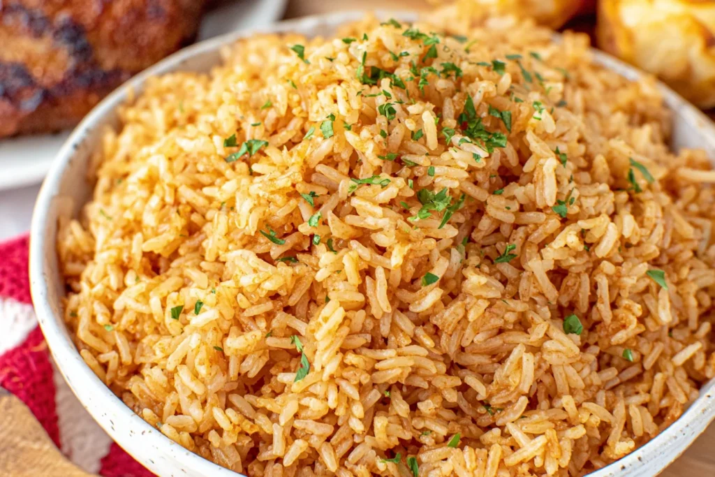 Texas Roadhouse Seasoned Rice served in a bowl with fresh parsley garnish