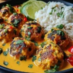 Thai Chicken Meatballs in Coconut Curry with jasmine rice and lime garnish