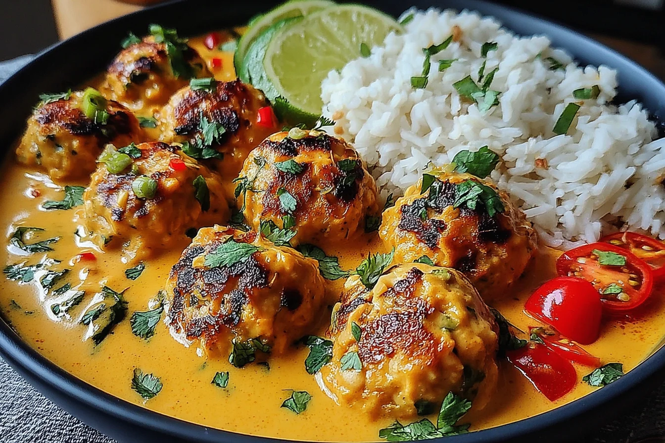 Thai Chicken Meatballs in Coconut Curry with jasmine rice and lime garnish