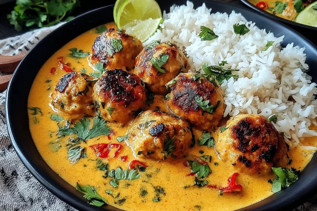 Thai Chicken Meatballs in Coconut Curry served with jasmine rice and fresh cilantro