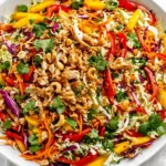 Thai Mango Chicken Salad served with crunchy vegetables, mango slices, cashews, and peanut sauce
