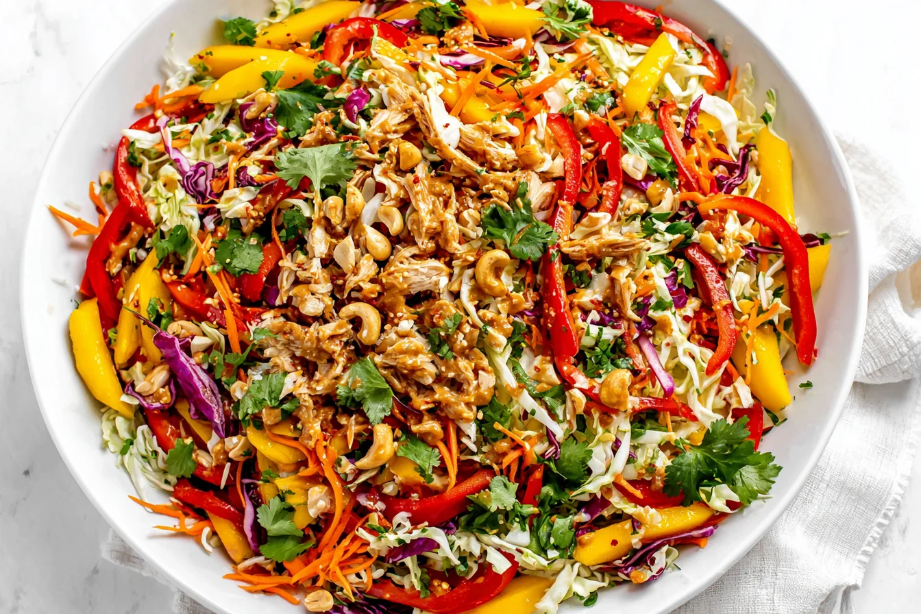 Thai Mango Chicken Salad served with crunchy vegetables, mango slices, cashews, and peanut sauce