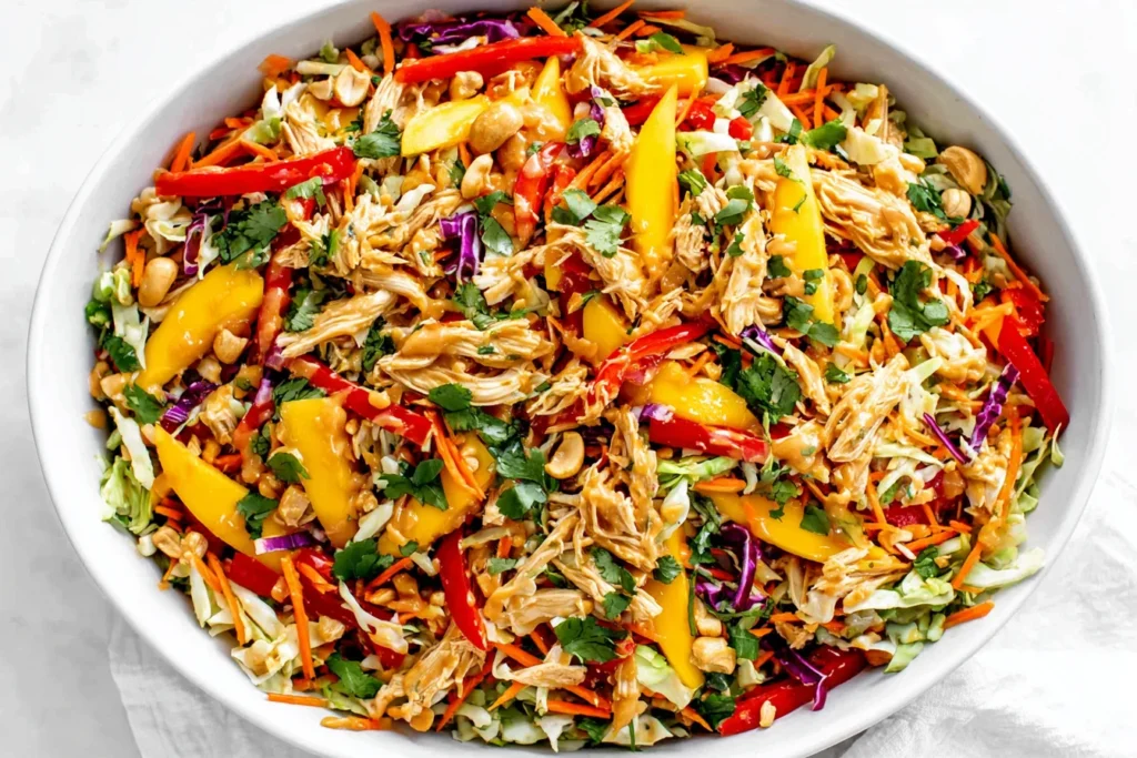 Thai Mango Chicken Salad with shredded chicken, mango, cabbage, carrots, and creamy peanut dressing