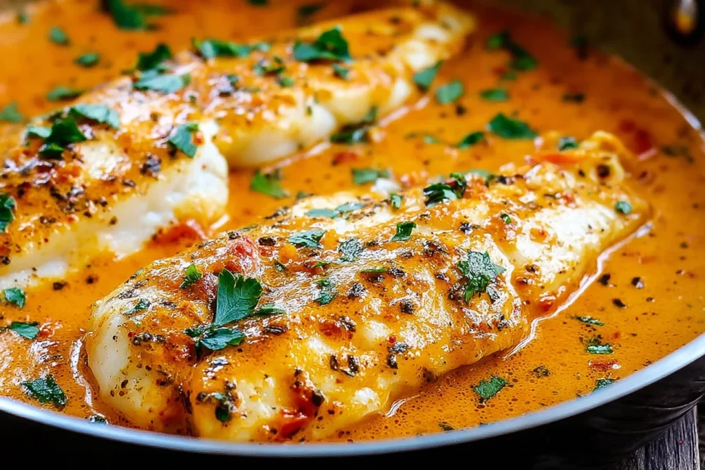 Skillet Tilapia in Roasted Pepper Sauce with herbs and creamy pepper sauce