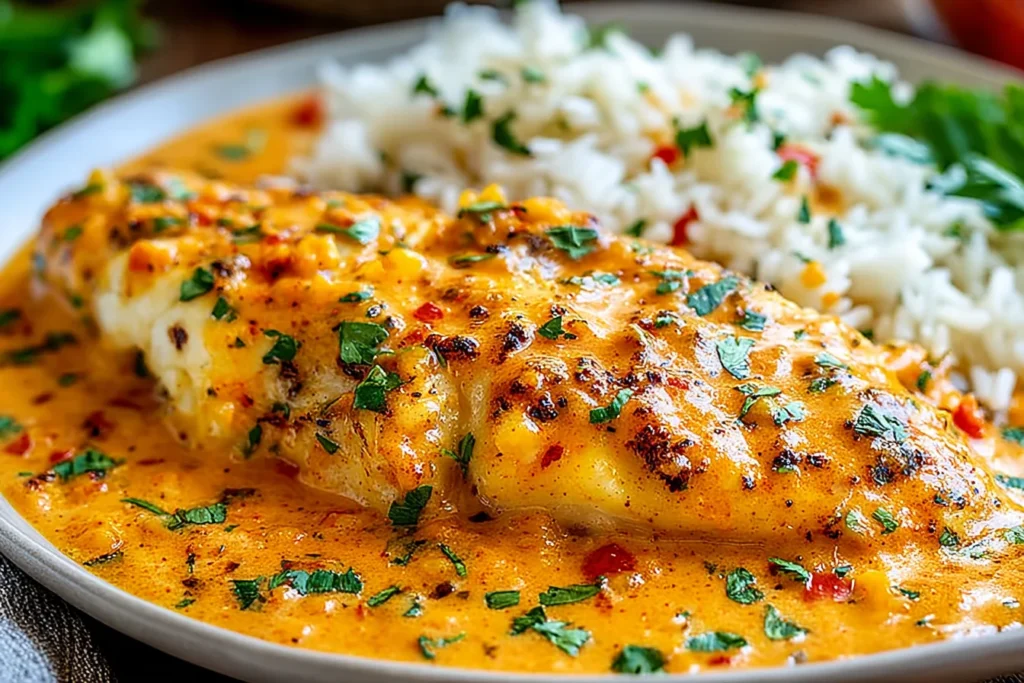 Tilapia in Roasted Pepper Sauce served with fluffy rice and fresh parsley