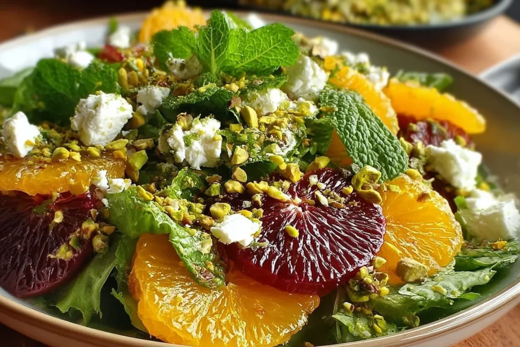 Citrus Feta Salad with Orange Segments featuring blood orange slices, pistachios, mint, and creamy feta over fresh greens