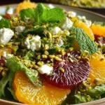 Citrus Feta Salad with Orange Segments featuring blood orange slices, pistachios, mint, and creamy feta over fresh greens