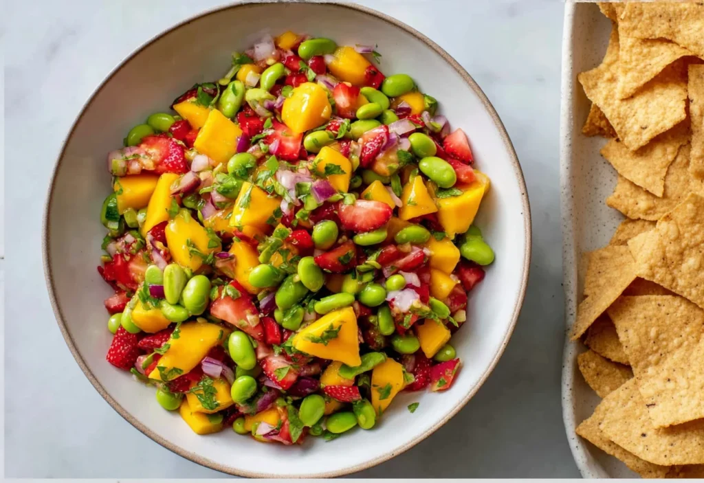 Colorful Mango Strawberry Avocado Edamame Salsa in a bowl with tortilla chips, featuring fresh mango chunks, strawberries, edamame, and herbs