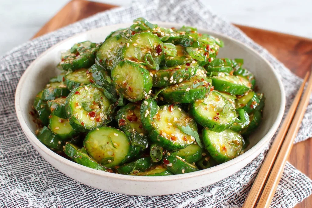 Viral Asian Cucumber Salad TikTok Recipe with crunchy cucumbers, sesame seeds, and chili oil
