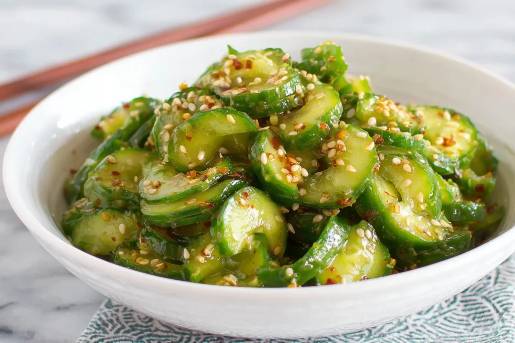 Viral Asian Cucumber Salad TikTok Recipe in a white bowl with sesame seeds and spicy chili oil dressing