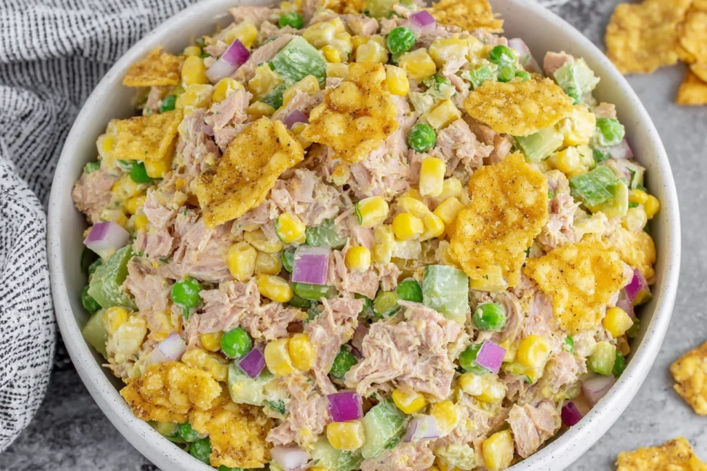 Close-up of Viral Tuna Salad with corn, peas, red onion, and crispy chips in creamy dressing