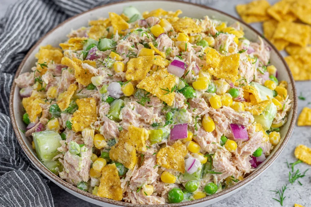 Viral Tuna Salad with crunchy jalapeño chips, corn, peas, and creamy dressing in a bowl