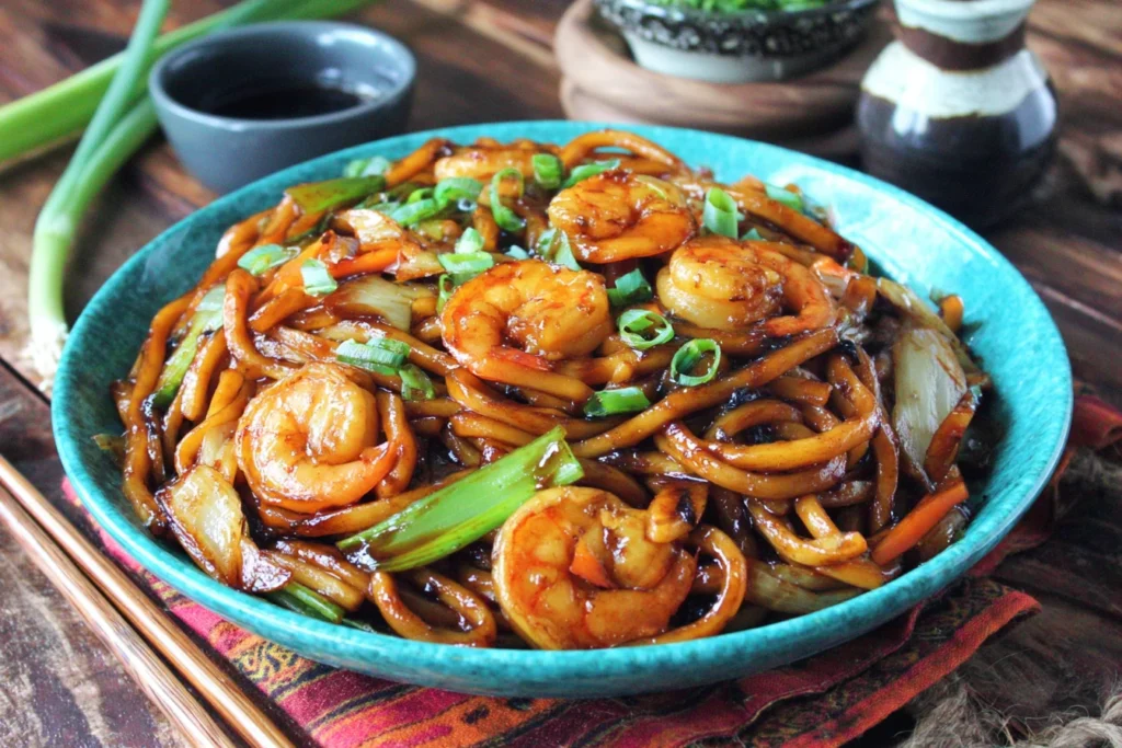 Yaki Udon with Shrimp in a blue bowl with stir-fried udon noodles, shrimp, onions, and scallions