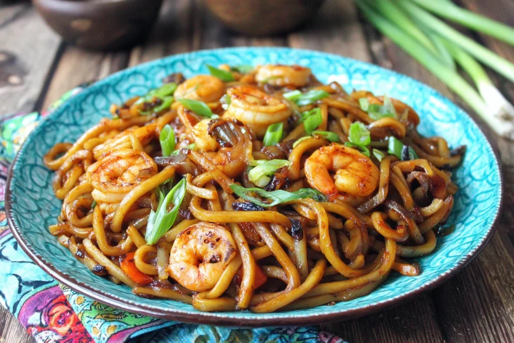 Yaki Udon with Shrimp served in a turquoise bowl with chewy Japanese stir-fried noodles and green onions