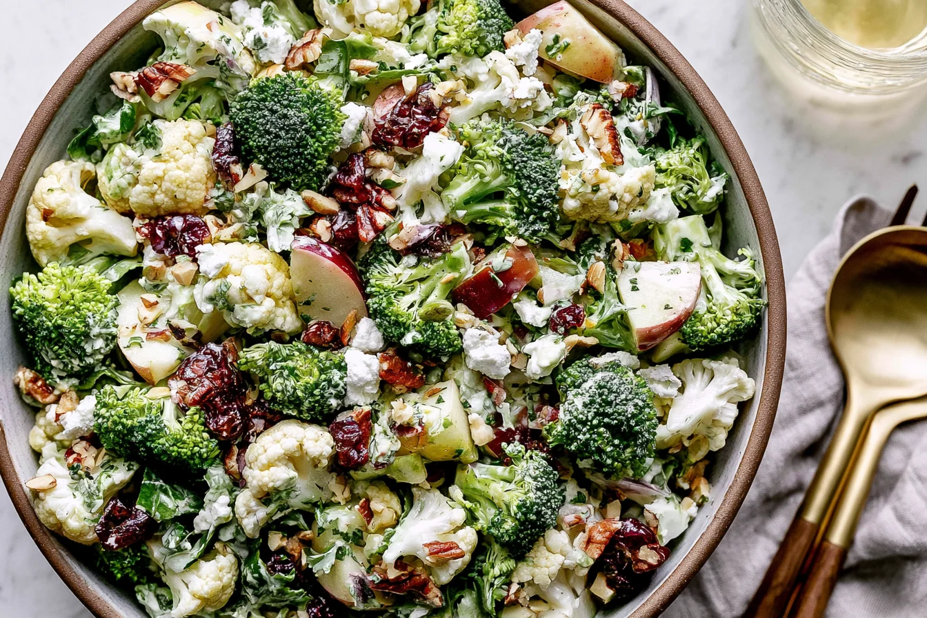 Apple Broccoli Cauliflower Salad served with apples, cranberries, feta, and roasted almonds