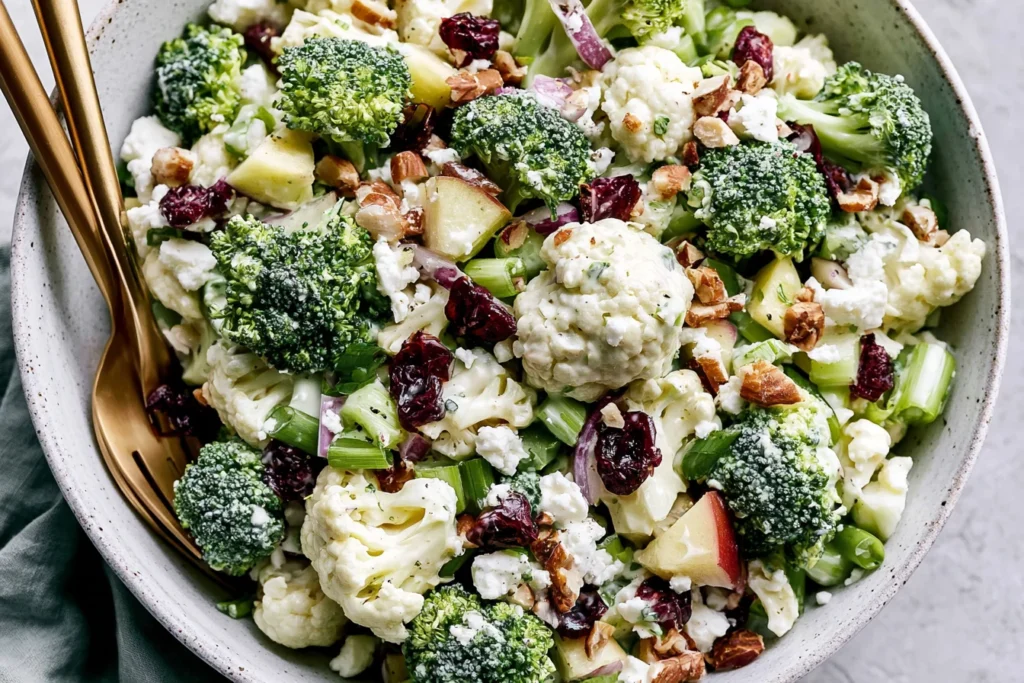 Apple Broccoli Cauliflower Salad with cranberries, feta cheese, almonds, and creamy lemon dressing