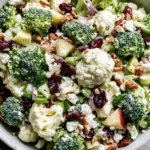 Apple Broccoli Cauliflower Salad with cranberries, feta cheese, almonds, and creamy lemon dressing