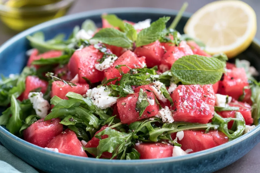 Arugula Watermelon Feta Salad topped with fresh herbs, feta cheese, and lemon dressing