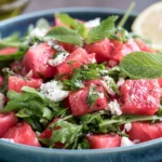 Arugula Watermelon Feta Salad topped with fresh herbs, feta cheese, and lemon dressing