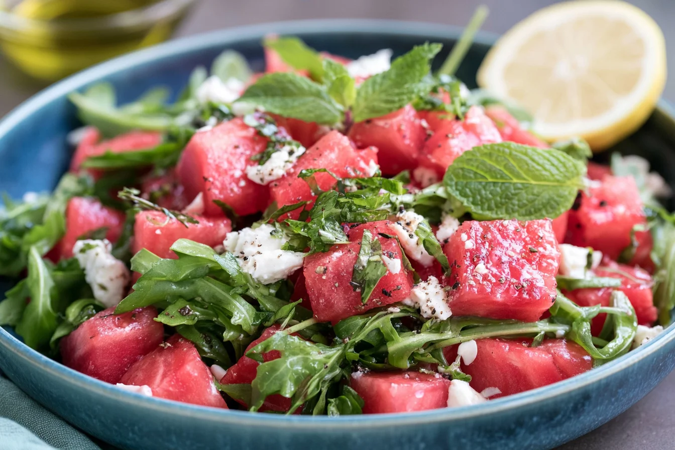 Arugula Watermelon Feta Salad topped with fresh herbs, feta cheese, and lemon dressing