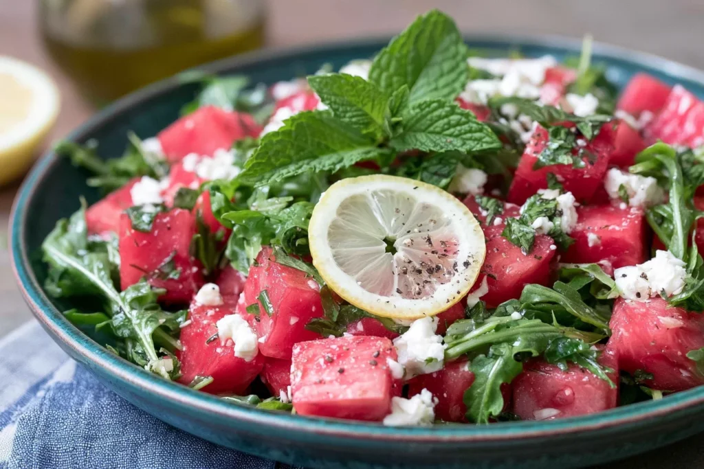 Arugula Watermelon Feta Salad with fresh mint, lemon slices, and crumbled feta cheese in a blue serving bowl