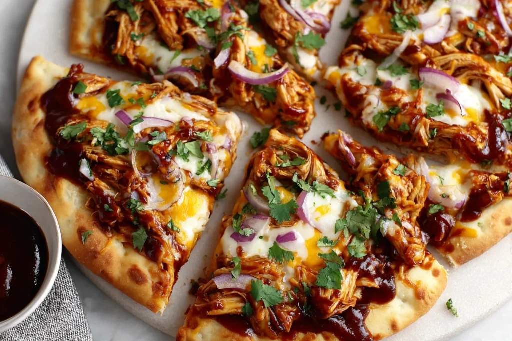 BBQ Chicken Flatbread Recipe with juicy BBQ chicken, gooey cheese, red onion, and cilantro on homemade-style flatbread