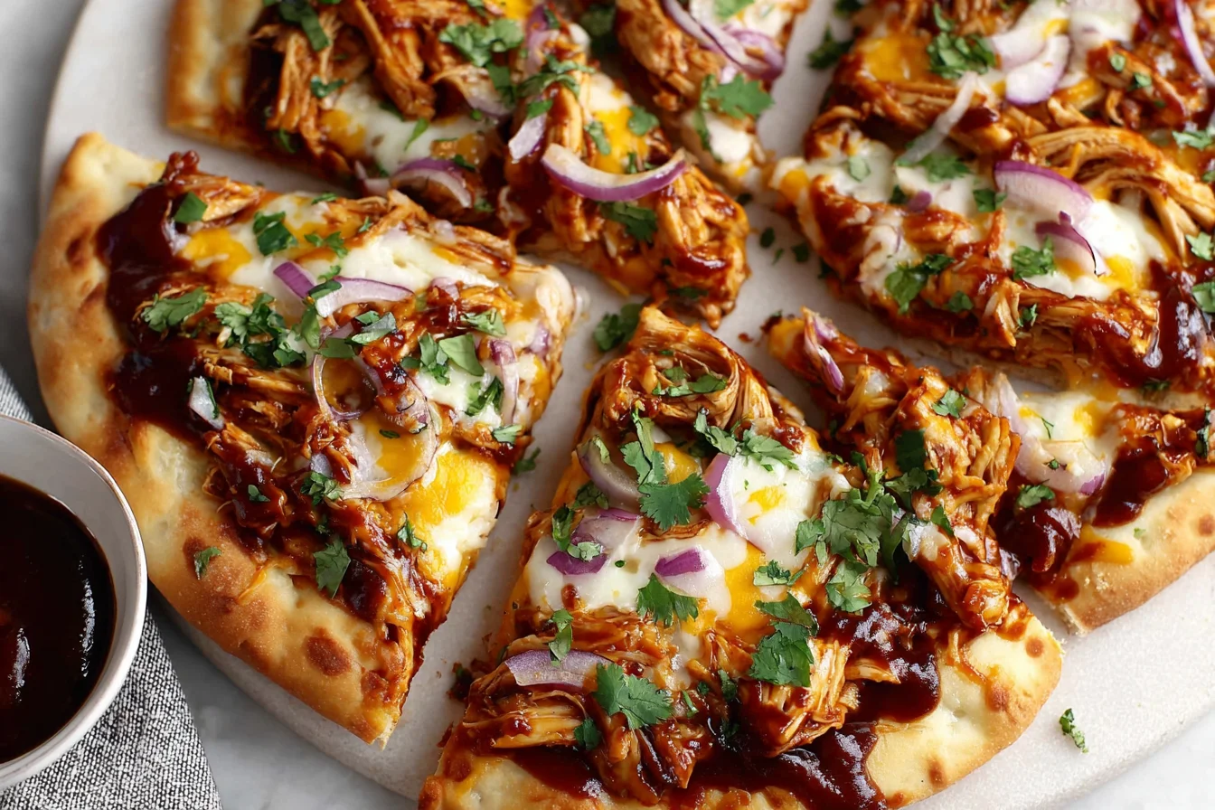 BBQ Chicken Flatbread Recipe with juicy BBQ chicken, gooey cheese, red onion, and cilantro on homemade-style flatbread
