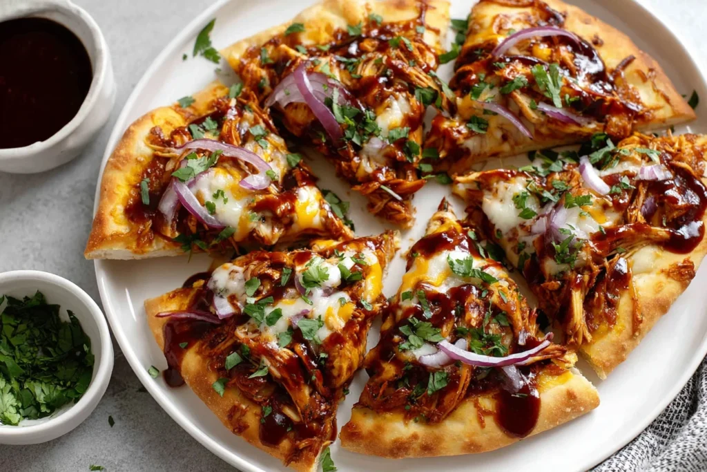 BBQ Chicken Flatbread Recipe topped with shredded chicken, melted cheese, red onion, and fresh cilantro on a crispy flatbread