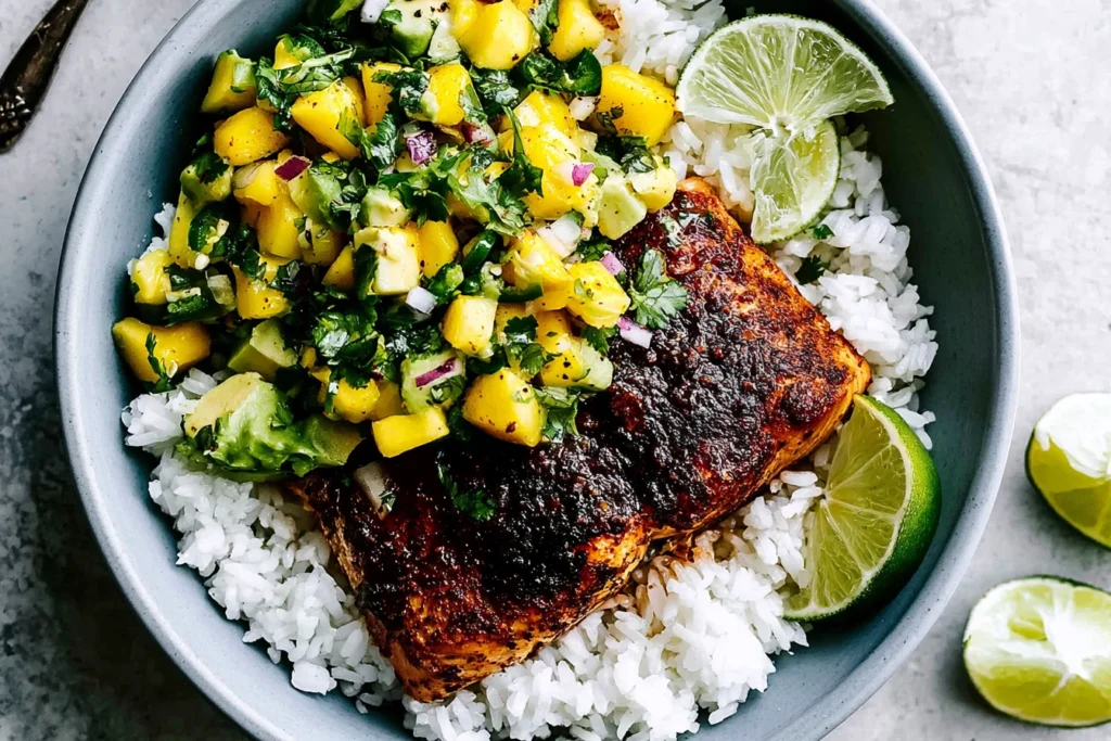 BBQ Salmon Bowls with Mango Avocado Salsa served over fluffy white rice with fresh lime wedges