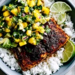 BBQ Salmon Bowls with Mango Avocado Salsa served over fluffy white rice with fresh lime wedges