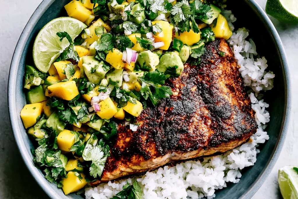 BBQ Salmon Bowls with Mango Avocado Salsa topped with cilantro, avocado, mango, and served with rice