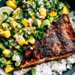 BBQ Salmon Bowls with Mango Avocado Salsa topped with cilantro, avocado, mango, and served with rice