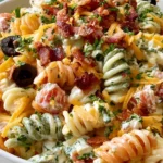 Bacon Ranch Pasta Salad served in a bowl with rotini pasta, bacon, cheddar cheese, tomatoes, olives, and creamy ranch dressing