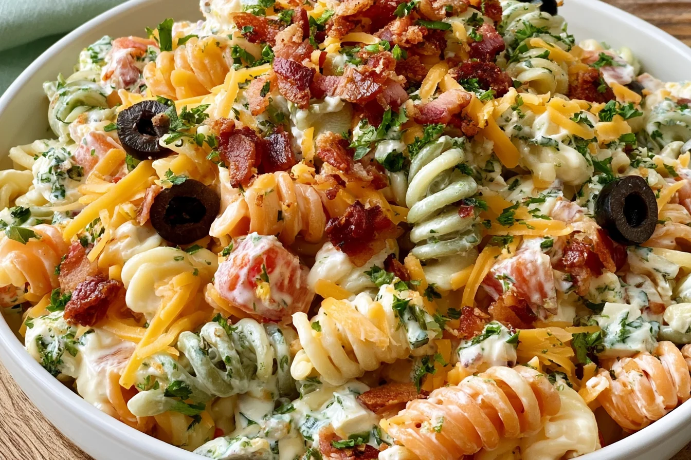Bacon Ranch Pasta Salad served in a bowl with rotini pasta, bacon, cheddar cheese, tomatoes, olives, and creamy ranch dressing