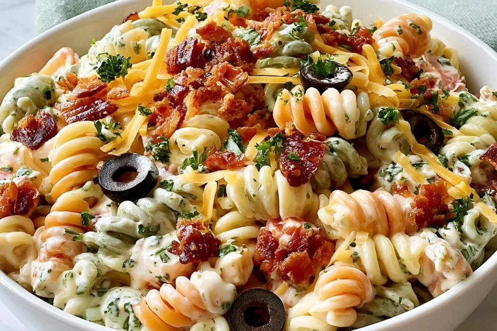 Bacon Ranch Pasta Salad with tri-color rotini, crispy bacon, cheddar cheese, tomatoes, black olives, and creamy ranch dressing