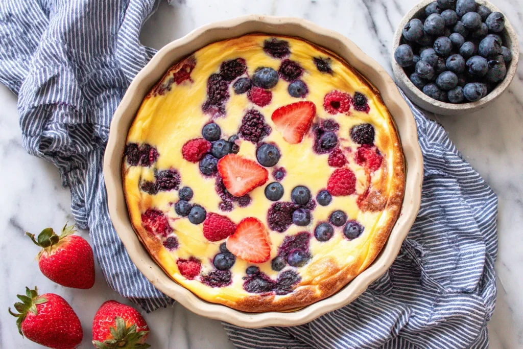 Baked Yogurt topped with mixed berries baked in a round dish for a healthy high-protein breakfast