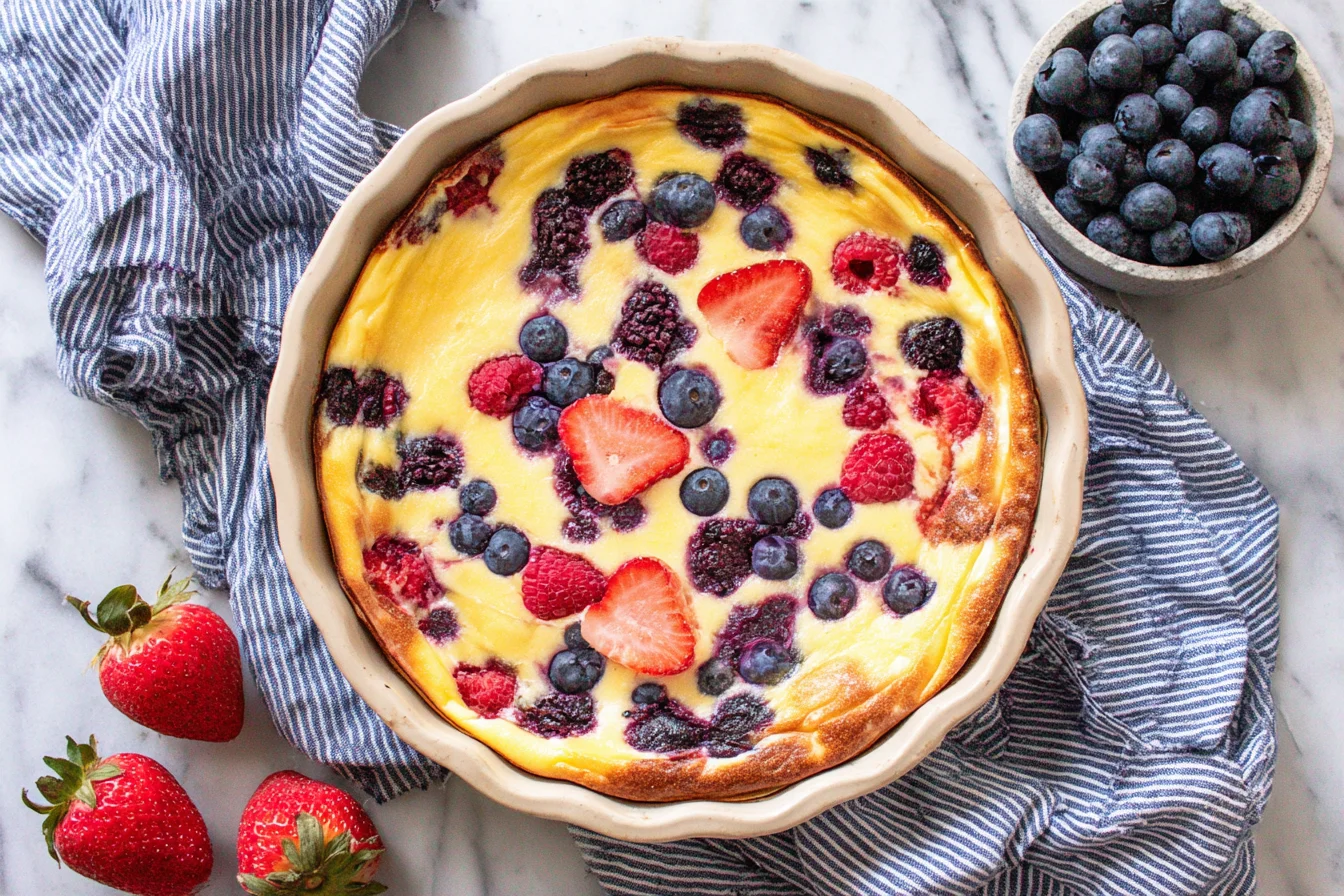 Baked Yogurt topped with mixed berries baked in a round dish for a healthy high-protein breakfast