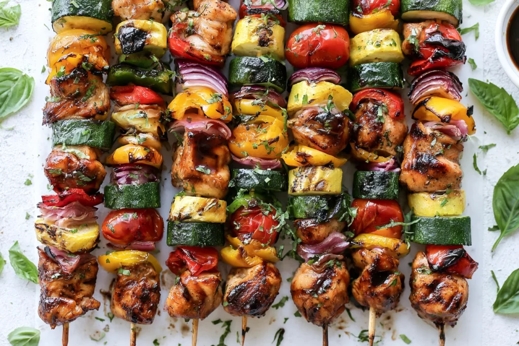 Balsamic Grilled Chicken Kabobs skewered with fresh vegetables and finished with a flavorful balsamic marinade