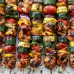 Balsamic Grilled Chicken Kabobs skewered with fresh vegetables and finished with a flavorful balsamic marinade