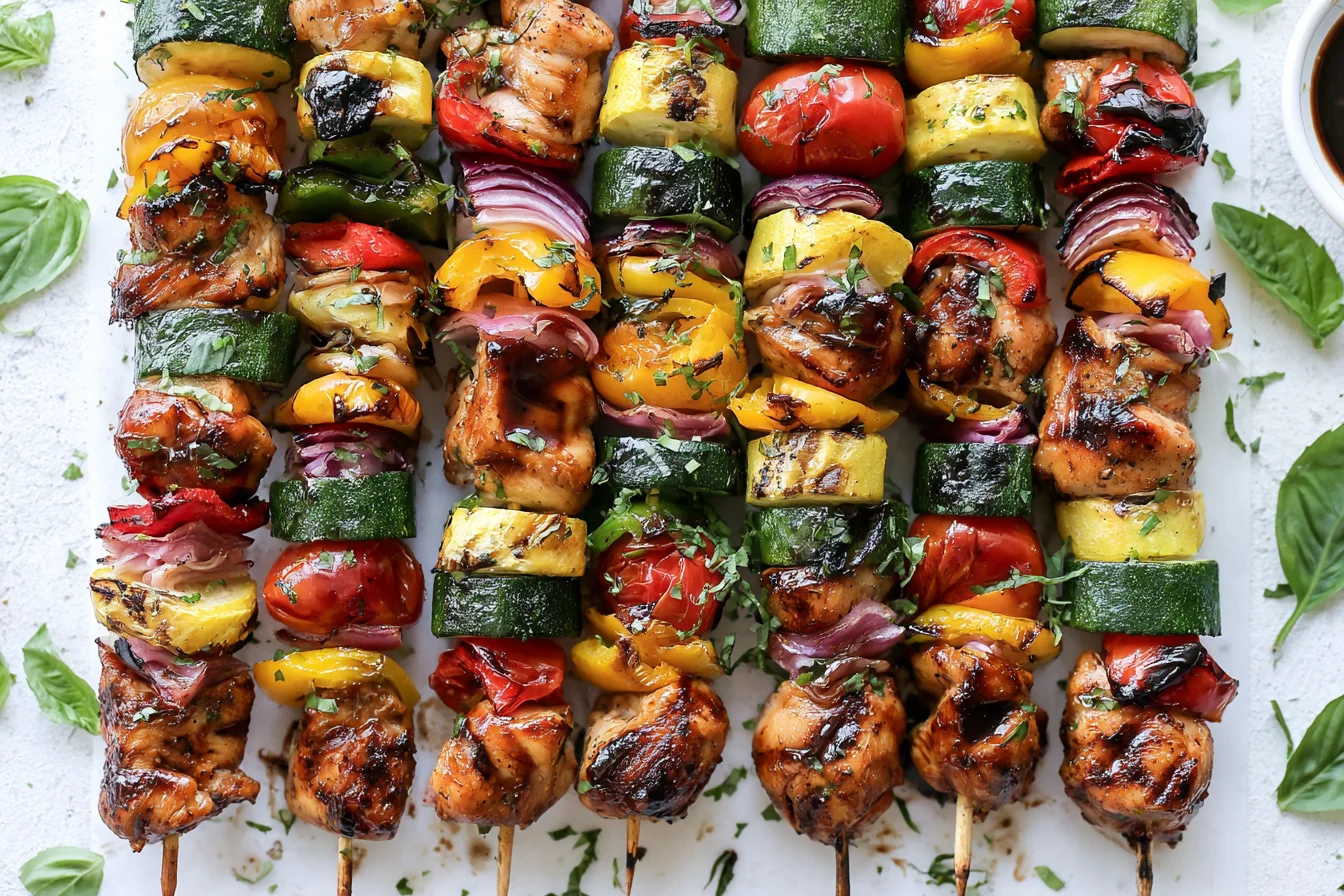 Balsamic Grilled Chicken Kabobs skewered with fresh vegetables and finished with a flavorful balsamic marinade