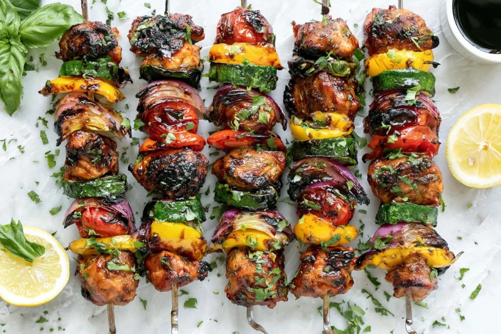 Balsamic Grilled Chicken Kabobs with zucchini, squash, red onion, and peppers grilled to juicy perfection