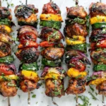 Balsamic Grilled Chicken Kabobs with zucchini, squash, red onion, and peppers grilled to juicy perfection